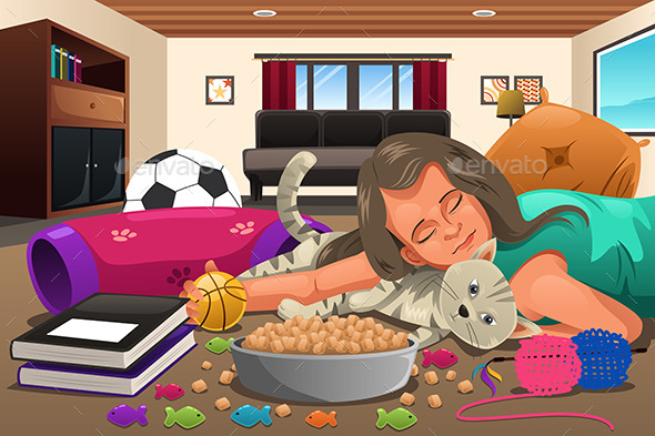 Little Girl Hugging Her Cat - People Characters