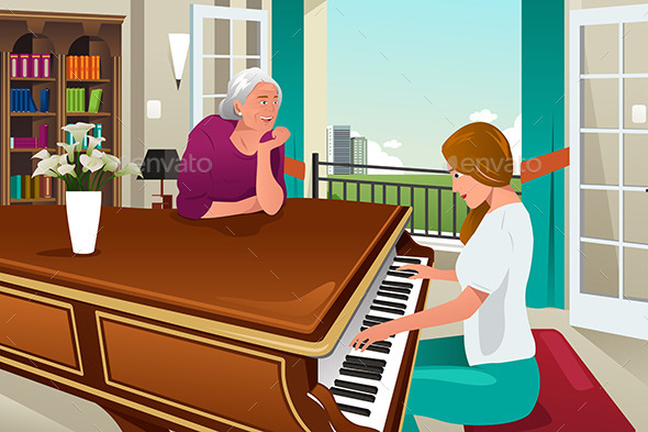 Mother Daughter Playing Piano Together - People Characters