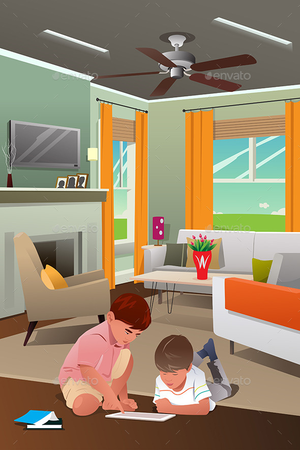Kids Playing with Tablet PC in the Living Room - People Characters