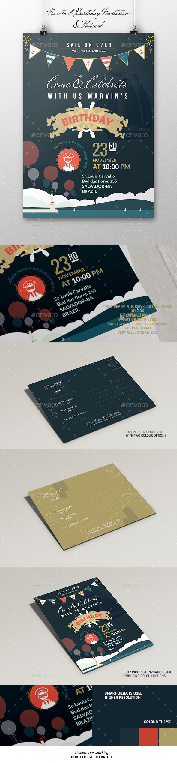 Nautical Birthday Invitation & Postcard - Birthday Greeting Cards
