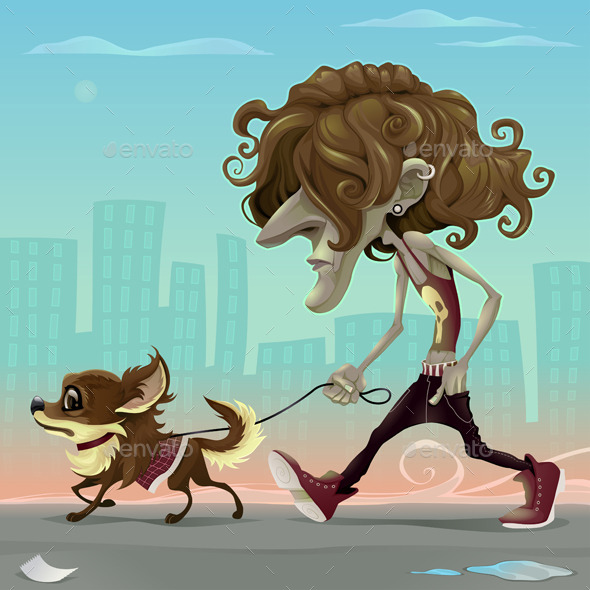 Guy with Dog Walking on the Street - Animals Characters