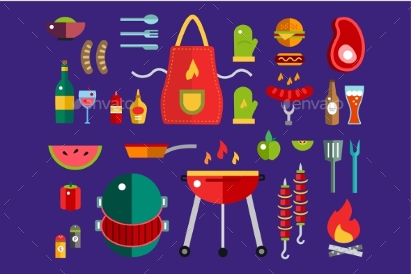 BBQ And Food Icons Vector Set. Outdoor, Kitchen - Food Objects