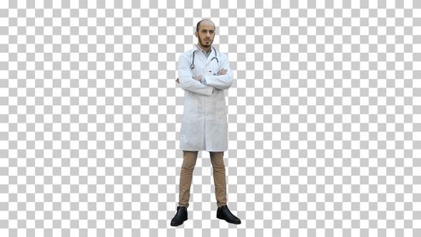 Serious medical worker standing and folding, Alpha Channel