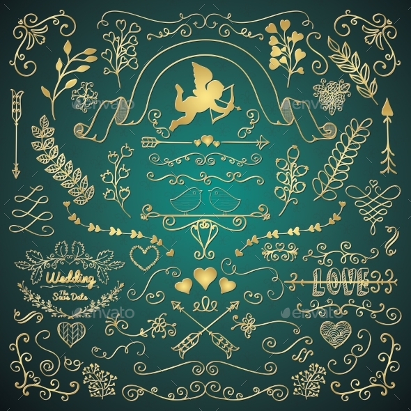 Golden Hand Sketched Rustic Floral Design Elements - Decorative Symbols Decorative