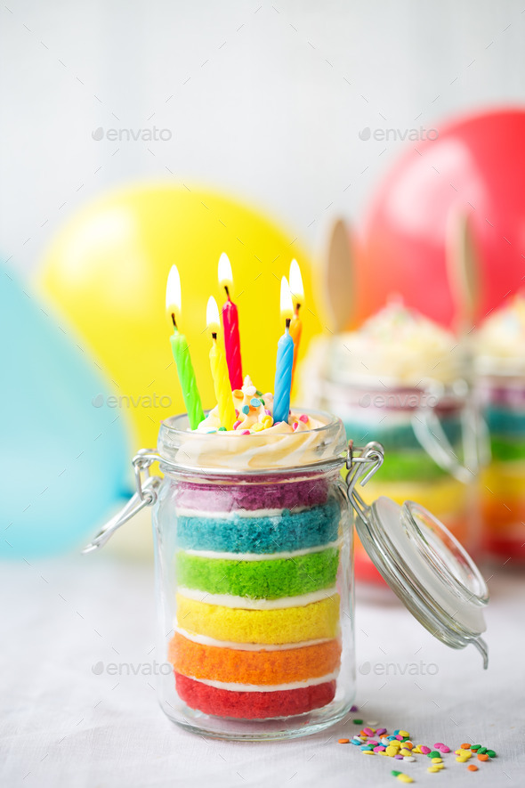 Rainbow birthday cake in a jar