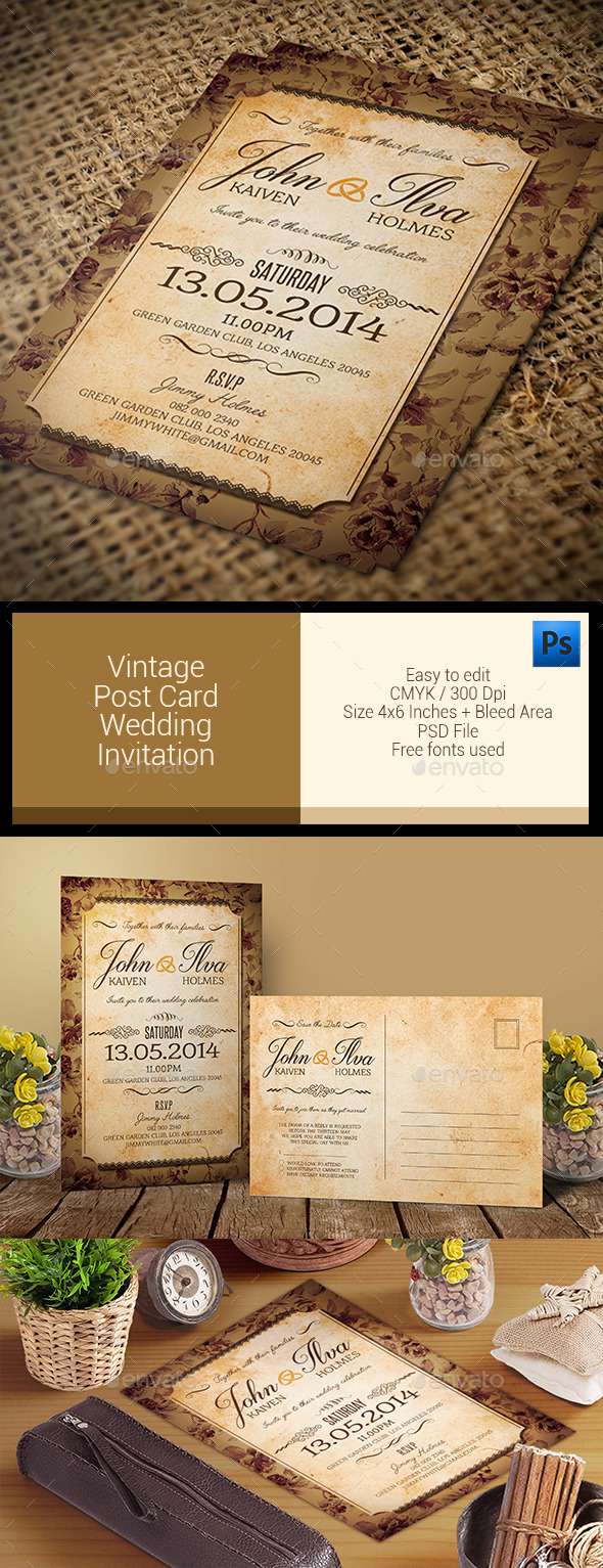 Vintage Post Card Wedding Invitation - Weddings Cards & Invites