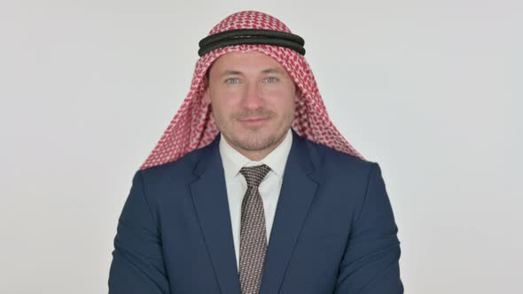 Arab Businessman Shaking Head as Yes Sign, Approval, White Background alt