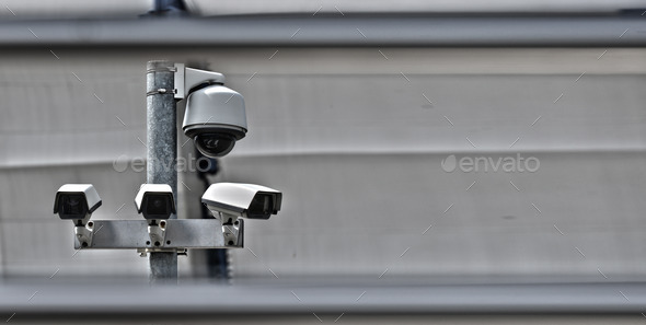 High tech overhead security camera system in guarded area