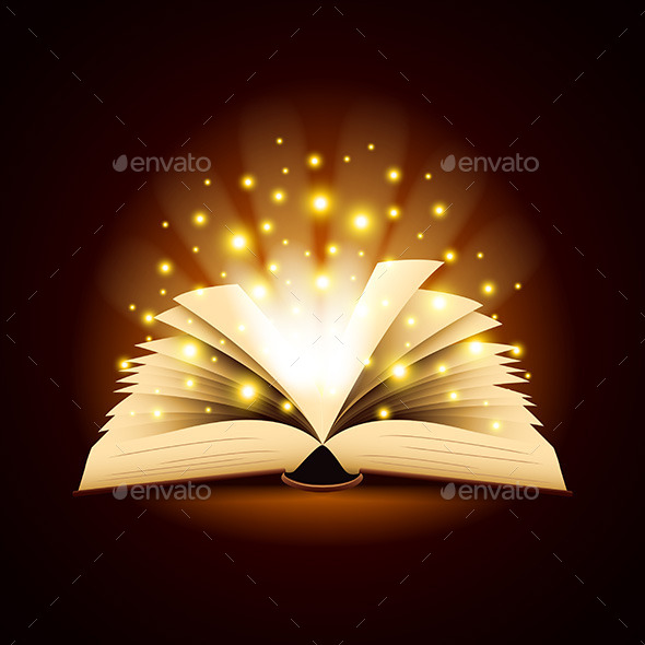 Old Opened Book with Magic Light Vector Background - Man-made Objects Objects