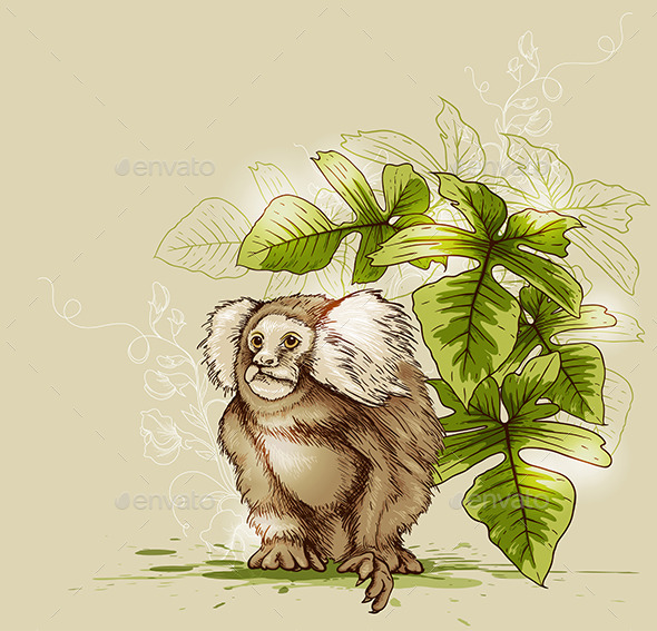 Monkey and Green Tropical Plant - Animals Characters