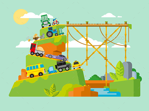 Traffic Jam On Road In Mountains - Objects Vectors