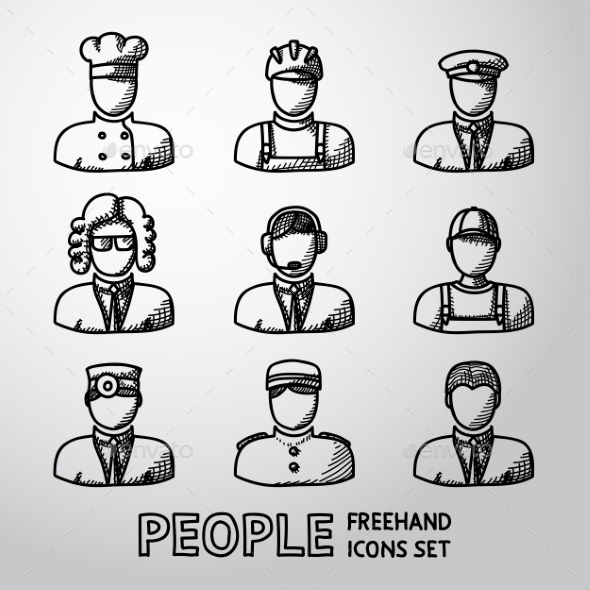 Set Of Hand Drawn People Faces - People Characters
