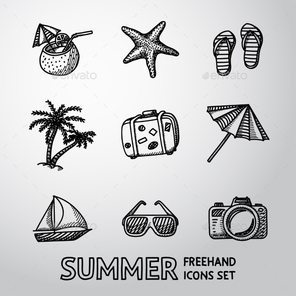 Summer Holidays Monochrome Freehand Icons Set - Seasonal Icons