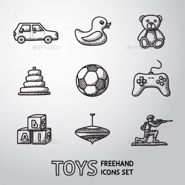 Toys Hand Drawn Icons Set With - Car, Duck, Bear - Icons