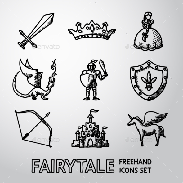 Set Of Hand Drawn Fairytale, Game Icons. Vector - Icons