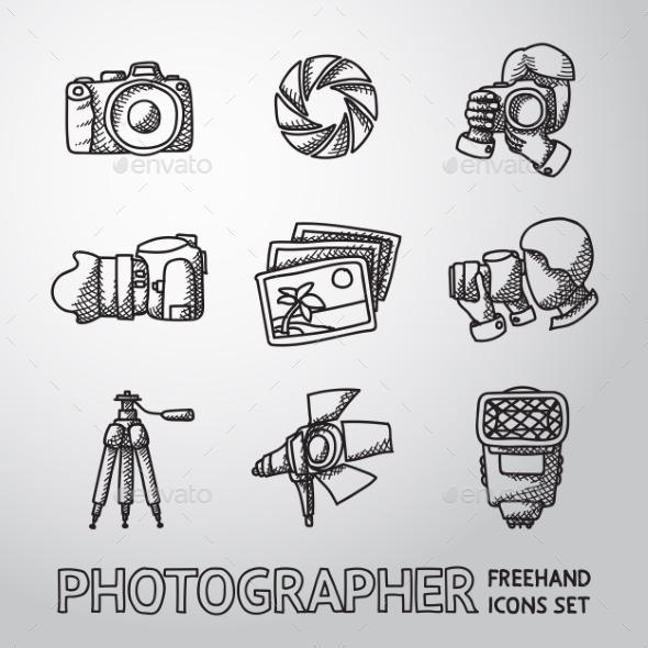 Photographer Freehand Icons Set With - Shutter - Icons