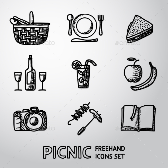 Set Of Handdrawn Picnic Icons. Vector - Food Objects