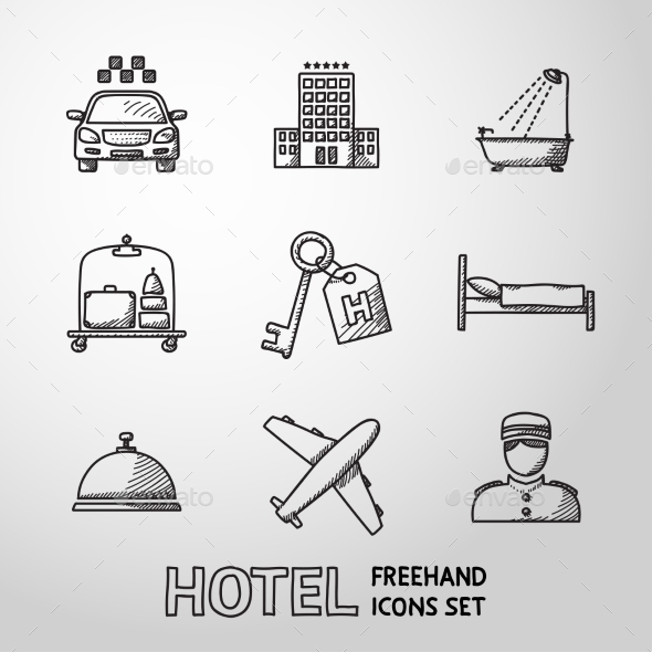 Hotel And Service Monochrome Freehand Icons Set - Icons