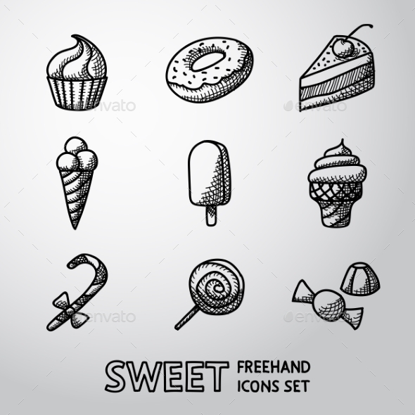 Sweet Handdrawn Icons Set With - Cupcake, Donut - Food Objects