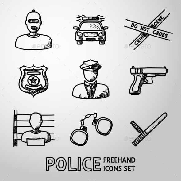 Set Of Police Freehand Icons. Vector - People Characters