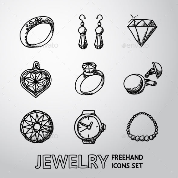 Jewelry Monochrome Freehand Icons Set With - Rings - Icons