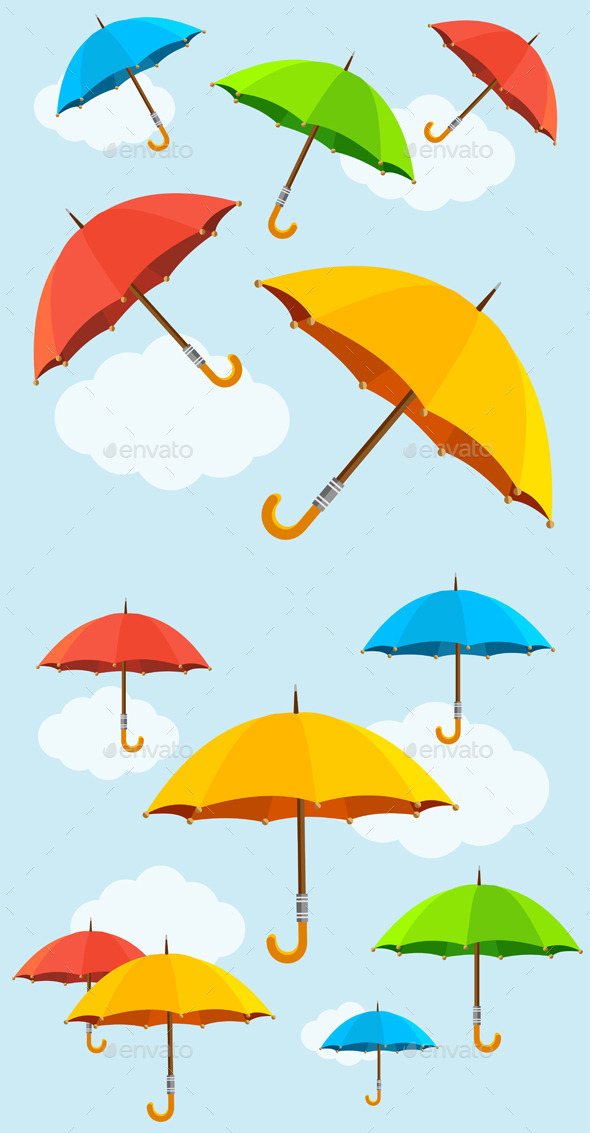 Umbrellas Fly Background. Vector. Flat. - Backgrounds Decorative