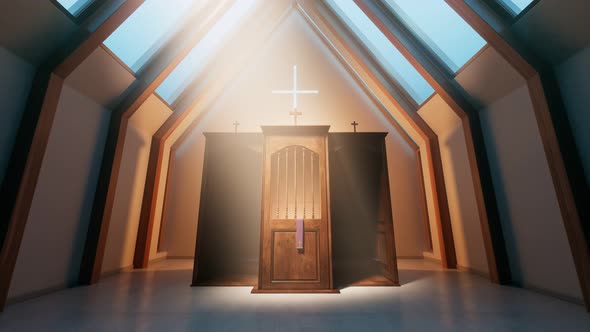 Christian chapel with confessional. Place in the church to confess sins. Mercy. alt