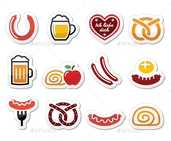 German Food - Sausage, Curry Wurst, Beer, Pretzel - Food Objects