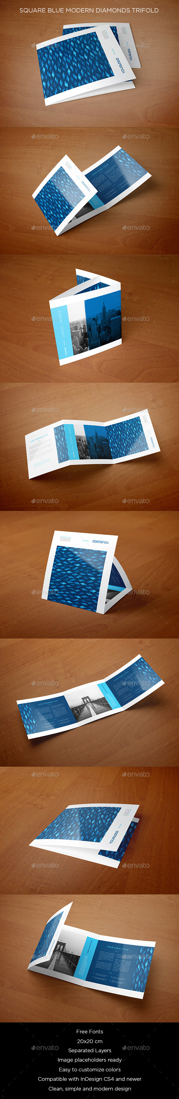 Square Blue Modern Diamonds Trifold - Brochures Print Templates