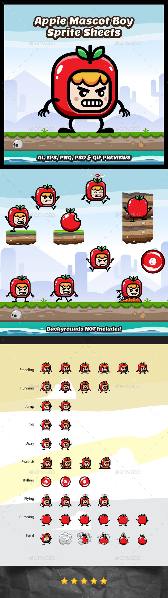 Red Apple Mascot Boy Game Character - Sprites Game Assets