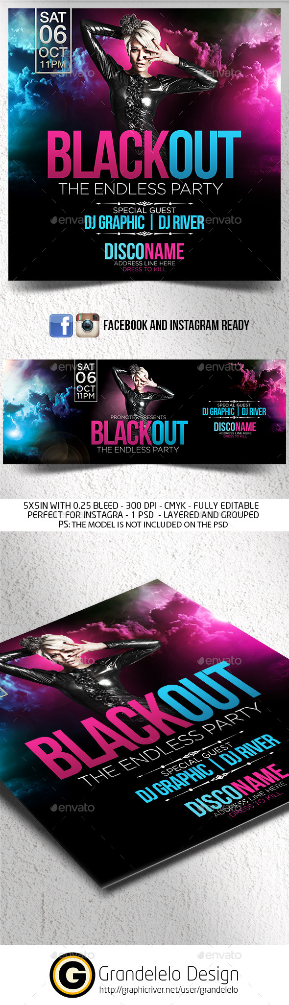 Blackout Flyer with FB and Instagram Template - Clubs & Parties Events