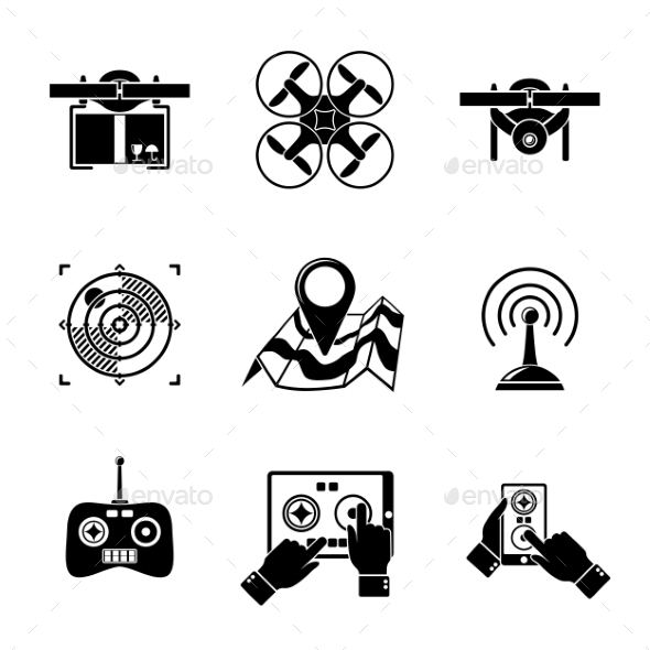 Set Of Drone Icons - With Box, Top View - Technology Icons