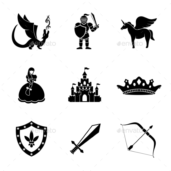 Set Of Monochrome Fairytale, Game Icons With - - Characters Icons