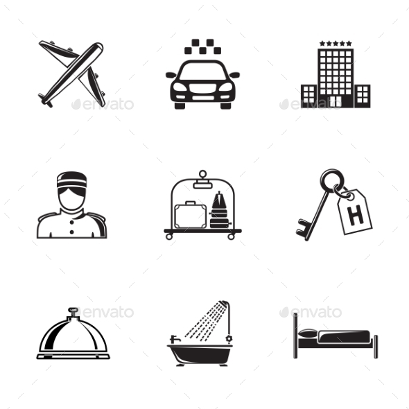 Hotel and Service Monochrome Black Icons Set - Travel Conceptual