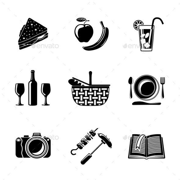 Set Of Monochrome Picnic Icons - Basket, Plate - Food Objects