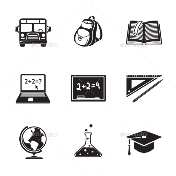 School Education Monochrome Icons Set With - Globe - Icons