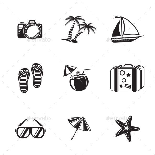 Summer Holidays Monochrome Icons Set - Travel Conceptual