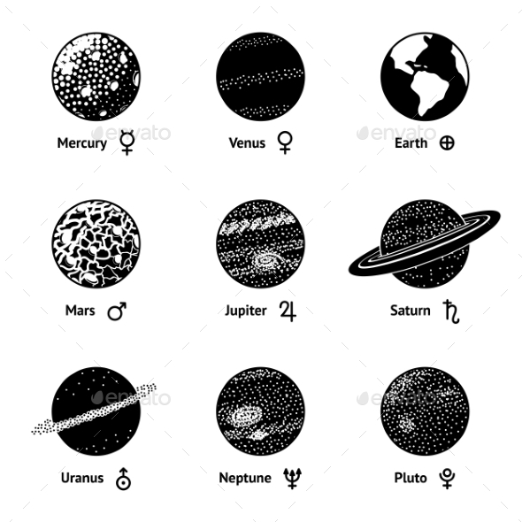 Set Of Monochrome Planet Icons With Names And Set Of Monochrome Planet Icons With Names And