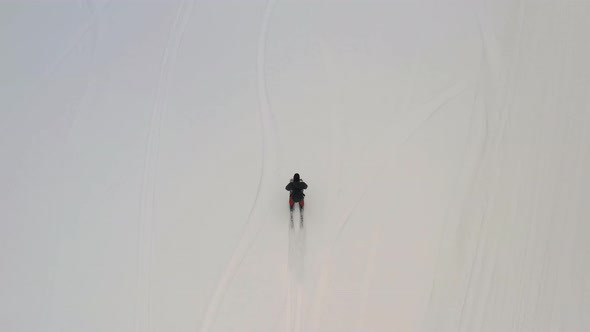 Top View of a Man Skiing in a Winter Forest