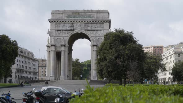 Beautiful Arc of Victory in Genoa city, camera truck left shot alt
