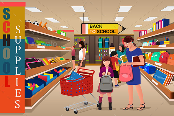 Kids with Their Parents Buying School Supplies - Commercial / Shopping Conceptual