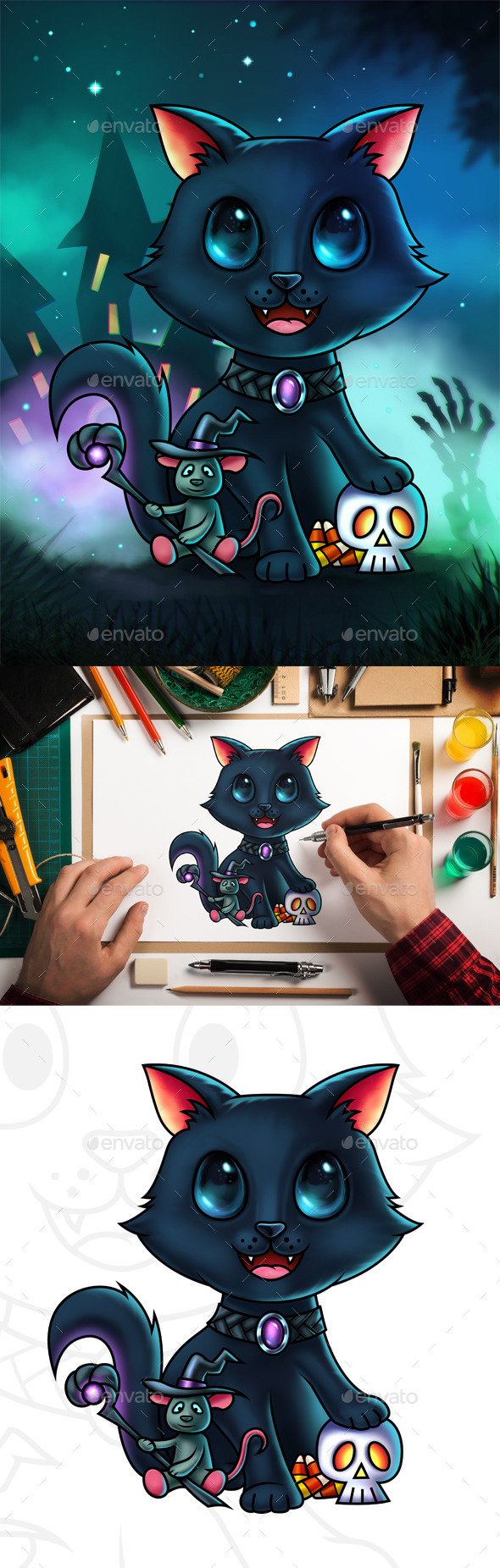 Cat and Mouse Halloween Digital Painting - Characters Illustrations