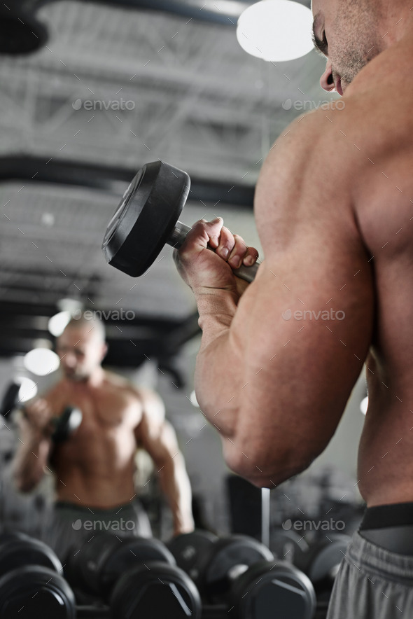 bodybuilder working out with bumbbells weights at the gym - Stock Photo - Images