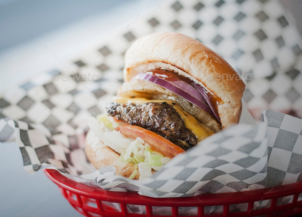 Cheeseburger in a Basket - Stock Photo - Images