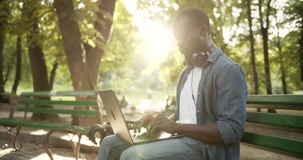 Male Working on Laptop in Park Sunset