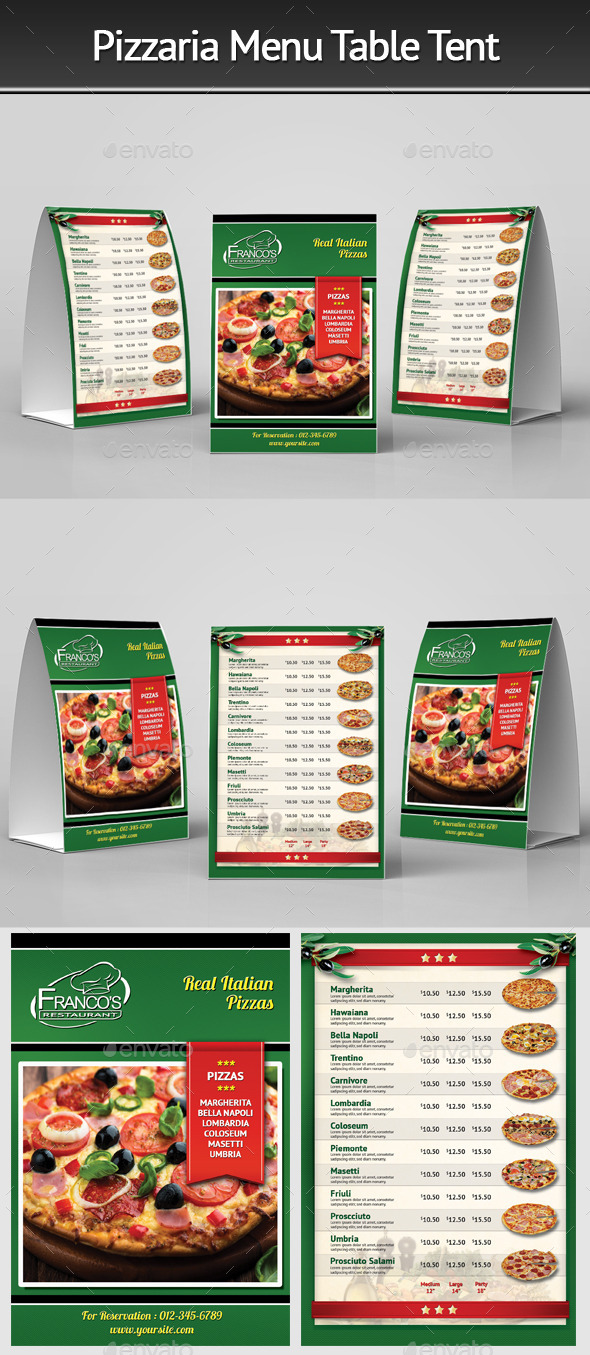 Pizzeria Menu Table Tent 3 - Food Menus Print Templates