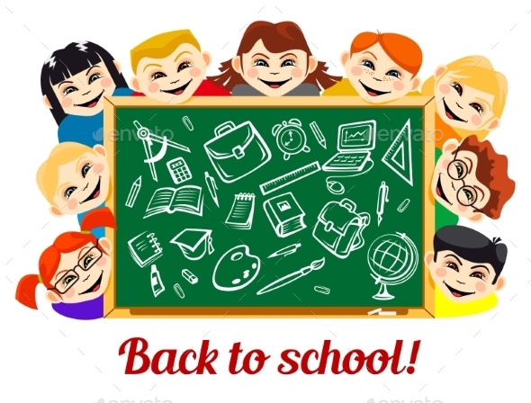 Children Behind Chalkboard With School Supplies Children Behind Chalkboard With School Supplies