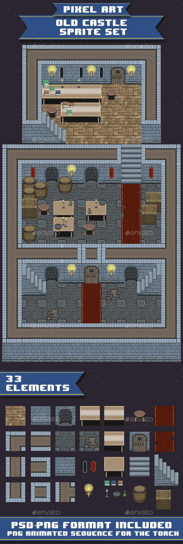Pixel Art-Old Castle Sprite Set - Tilesets Game Assets