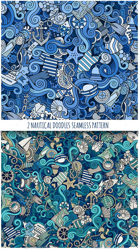 2 Nautical Doodles Seamless Patterns - Backgrounds Decorative