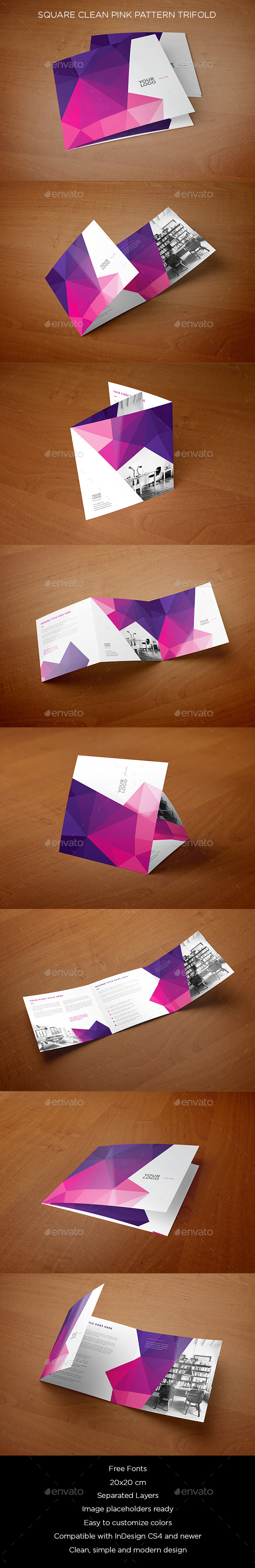 Square Clean Pink Pattern Trifold - Brochures Print Templates
